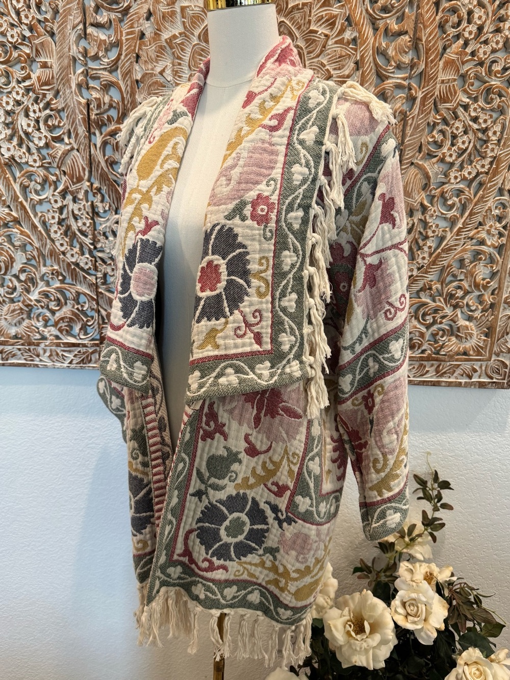 Oversized Floral Fringe Open-Front Women’s Sweater Cardigan - Picture 5 of 16